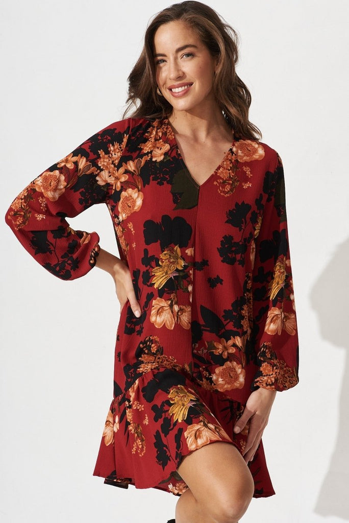 Catania Shift Dress In Red With Black Floral - St Frock (Dev)