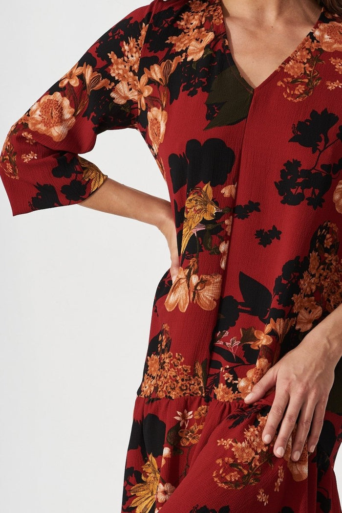 Catania Shift Dress In Red With Black Floral - St Frock (Dev)