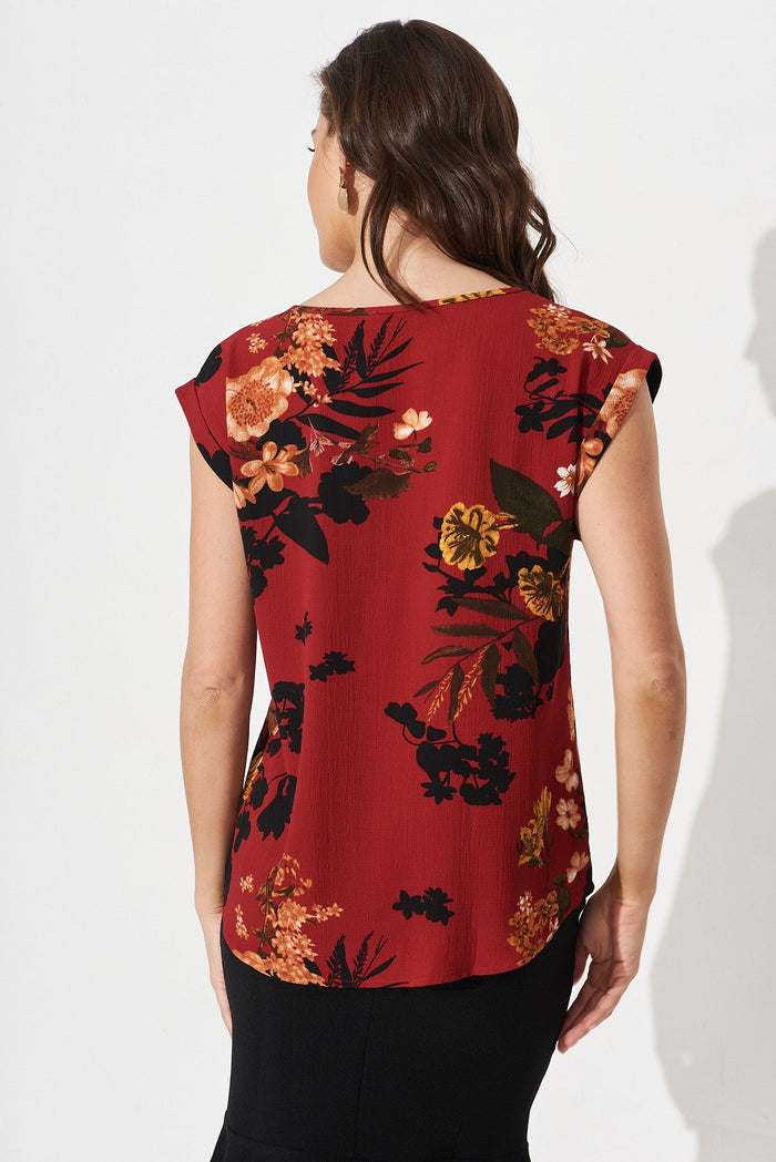 Rejina Top In Red With Black Floral - back