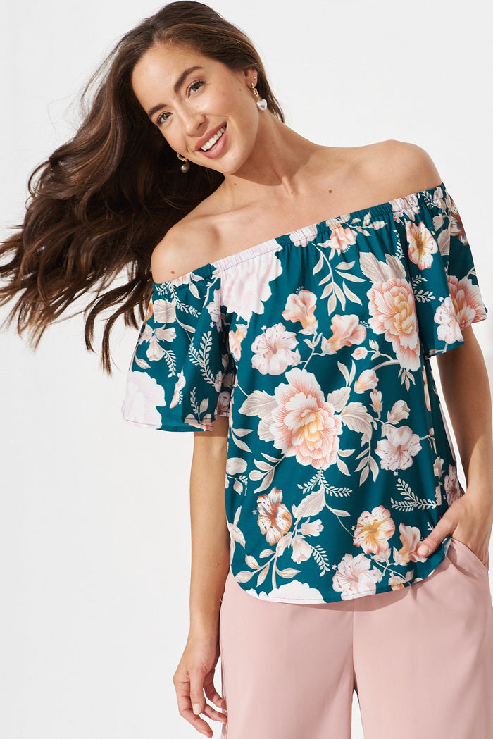 Kirsten Top In Teal Floral - front