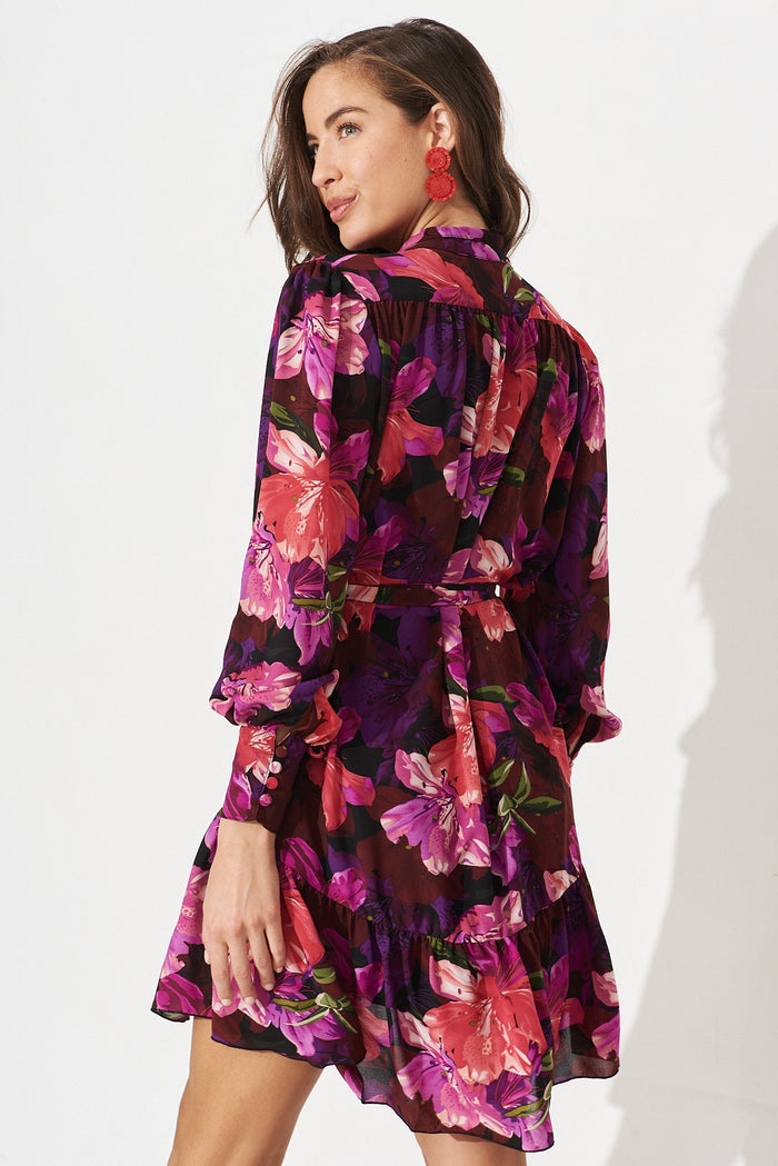 Sinclaire Shirt Dress In Black With Purple Floral Chiffon - St Frock (Dev)