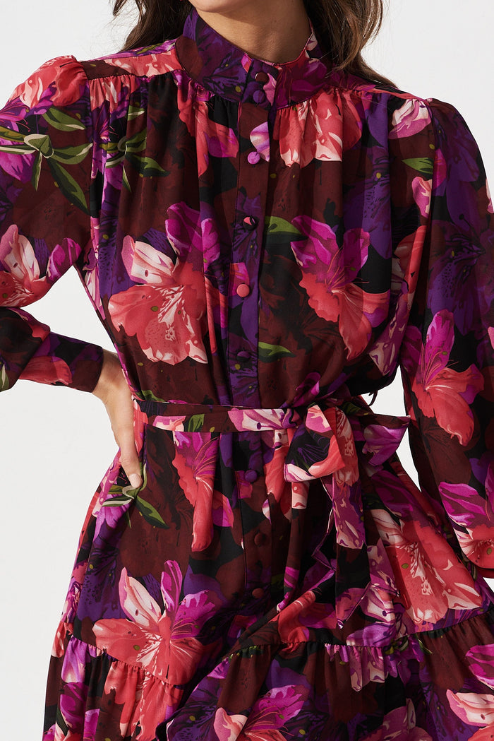 Sinclaire Shirt Dress In Black With Purple Floral Chiffon - St Frock (Dev)