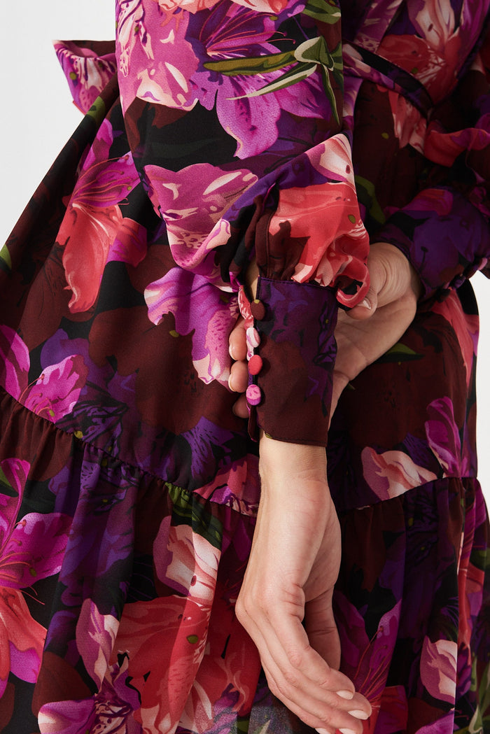 Sinclaire Shirt Dress In Black With Purple Floral Chiffon - St Frock (Dev)
