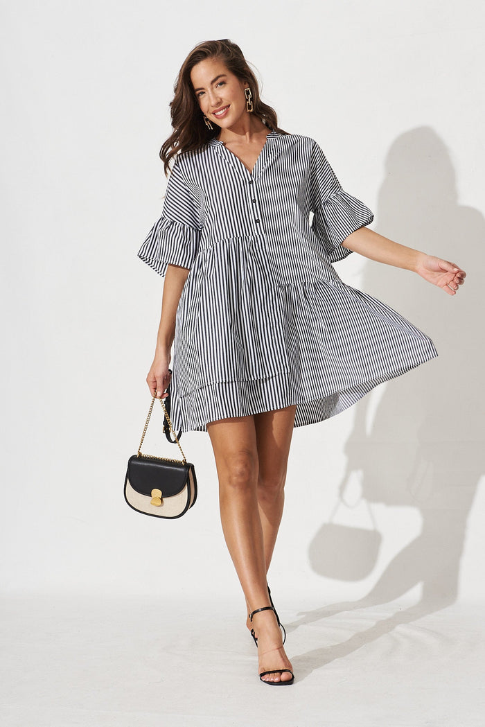 Rasta Smock Dress In Black And White Stripe - full length