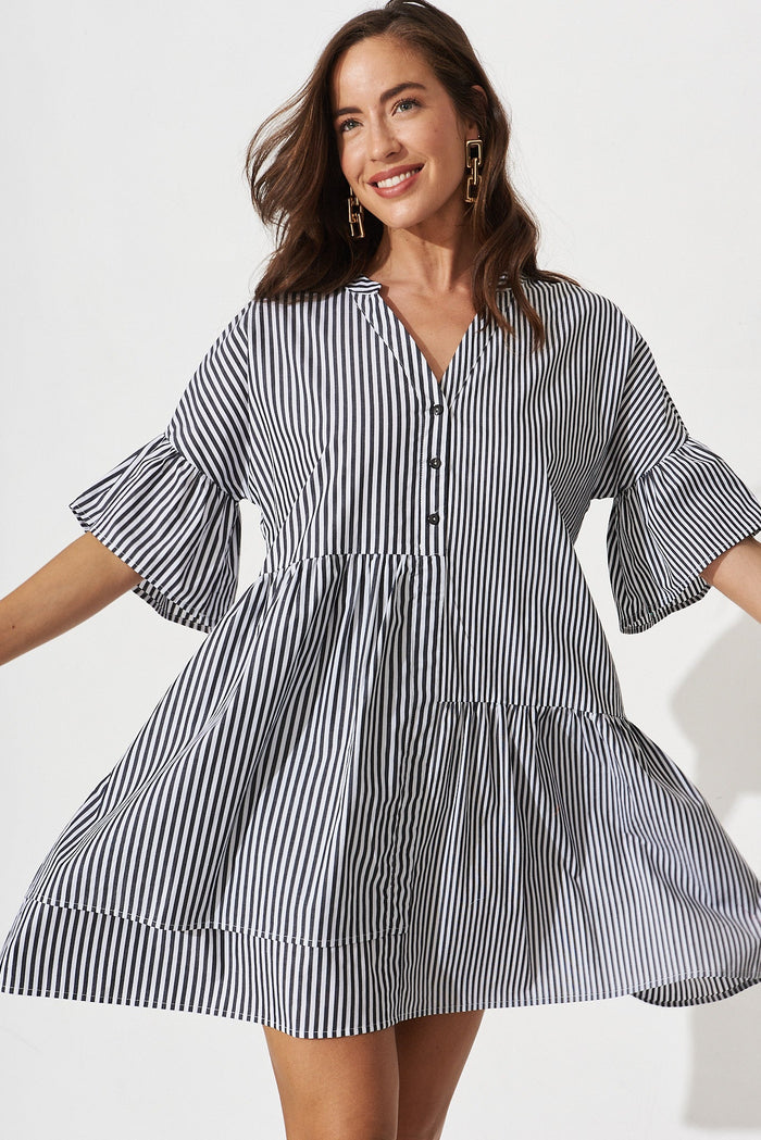 Rasta Smock Dress In Black And White Stripe - front