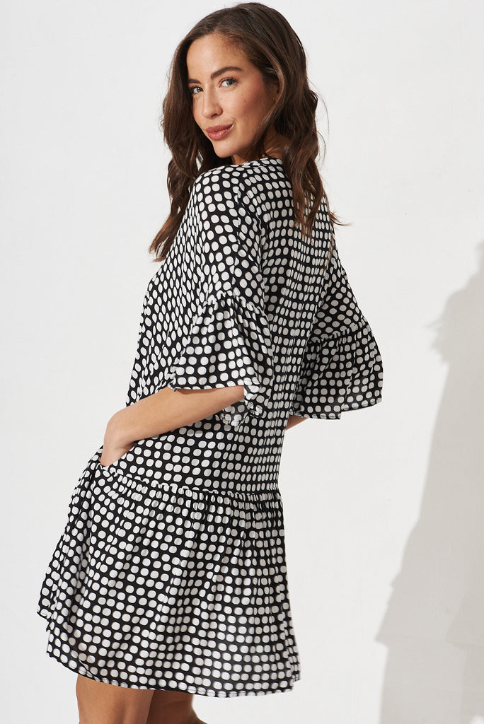 Rasta Smock Dress In Black And White Polka Dot - back