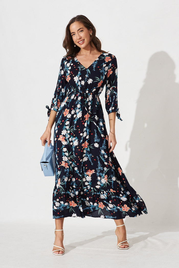 Rocha Maxi Dress In Navy With Blue Leaf - full length