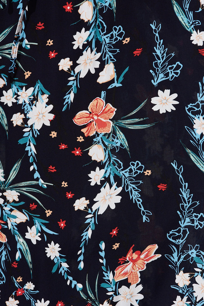 Rocha Maxi Dress In Navy With Blue Leaf - fabric