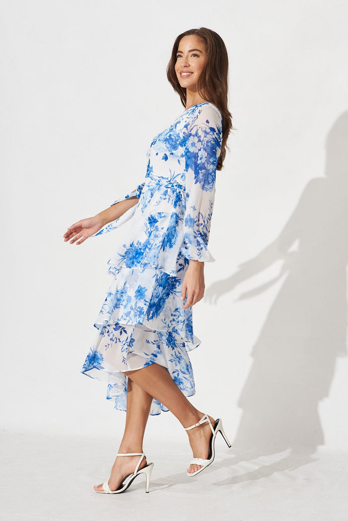 Luiza Midi Dress In White With Blue Floral - side