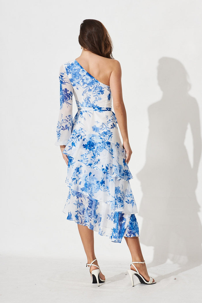 Luiza Midi Dress In White With Blue Floral - back