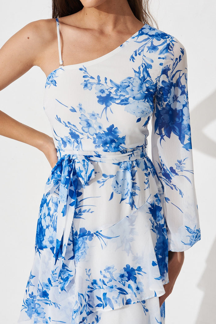 Luiza Midi Dress In White With Blue Floral - detail
