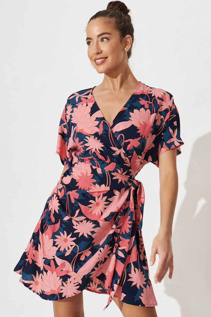 Dhalia Dress In Teal With Blush Floral Satin - front