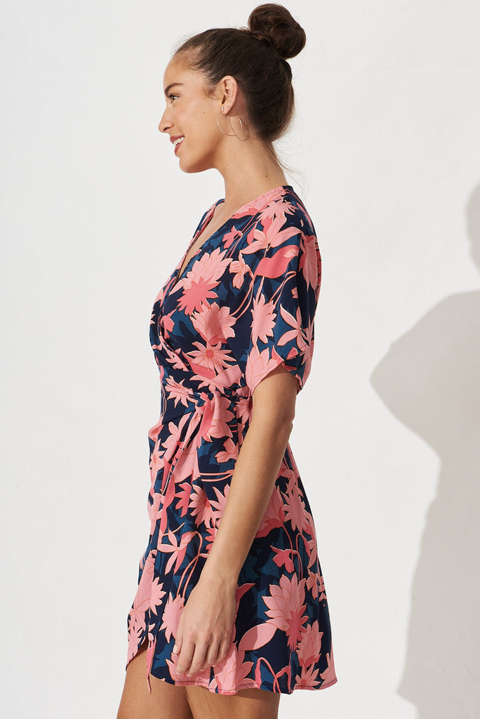Dhalia Dress In Teal With Blush Floral Satin - side