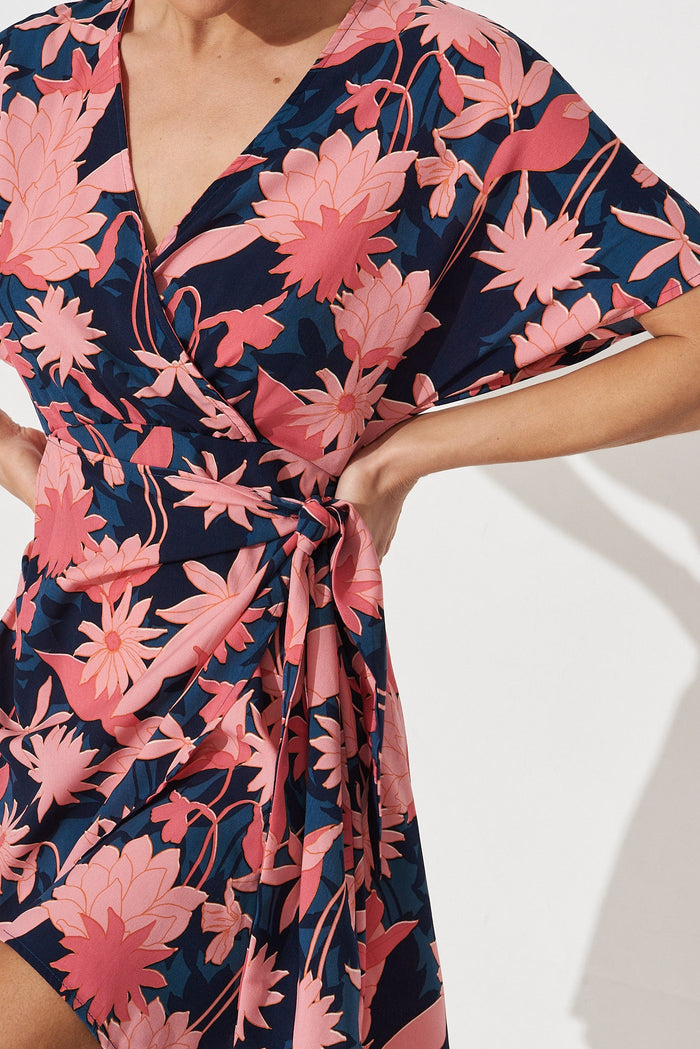 Dhalia Dress In Teal With Blush Floral Satin - detail
