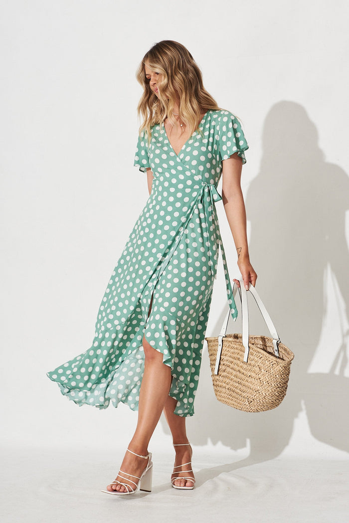 Emmerson Midi Dress In Green With White Polka Dot - full length