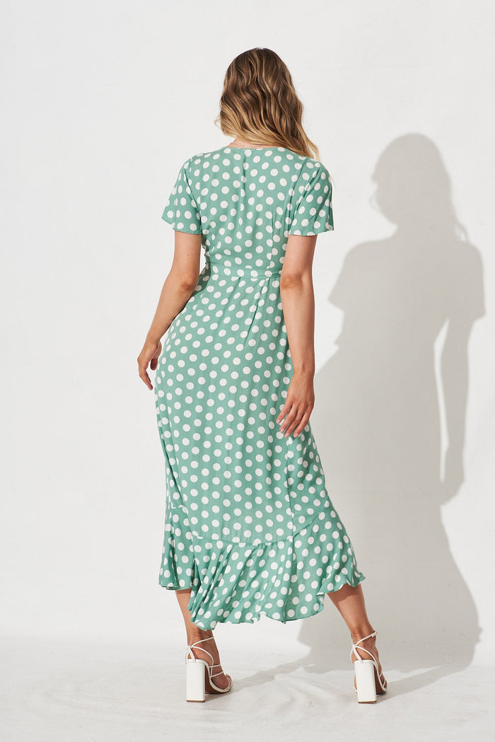 Emmerson Midi Dress In Green With White Polka Dot - back