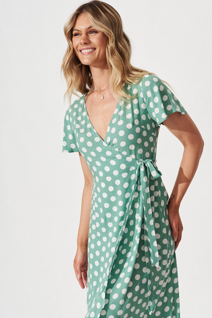 Emmerson Midi Dress In Green With White Polka Dot - front