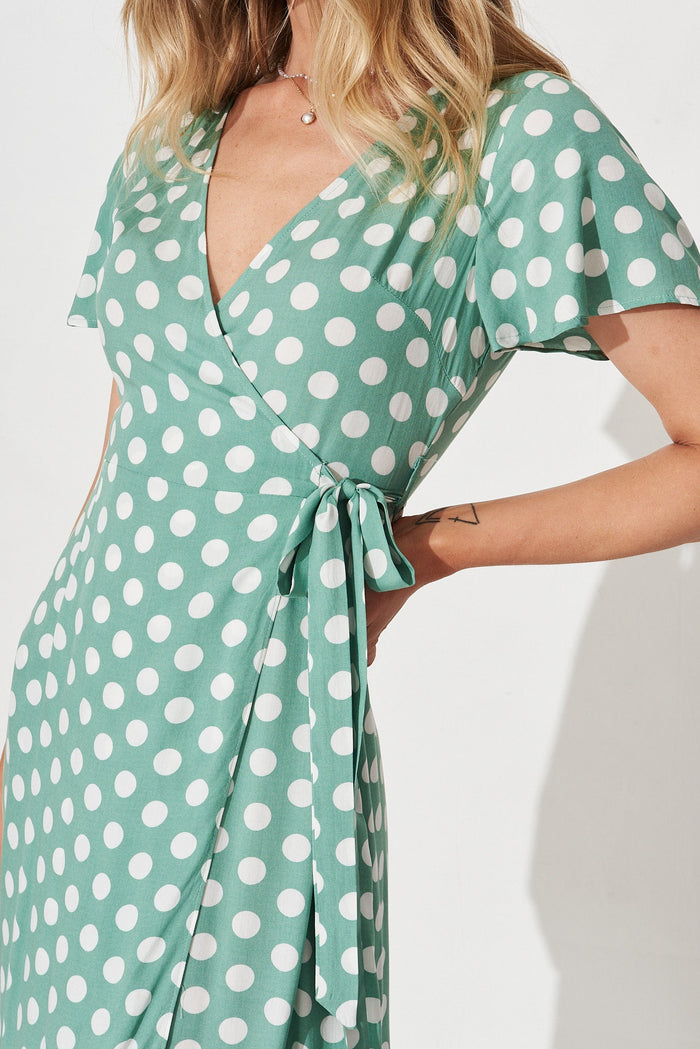 Emmerson Midi Dress In Green With White Polka Dot - detail