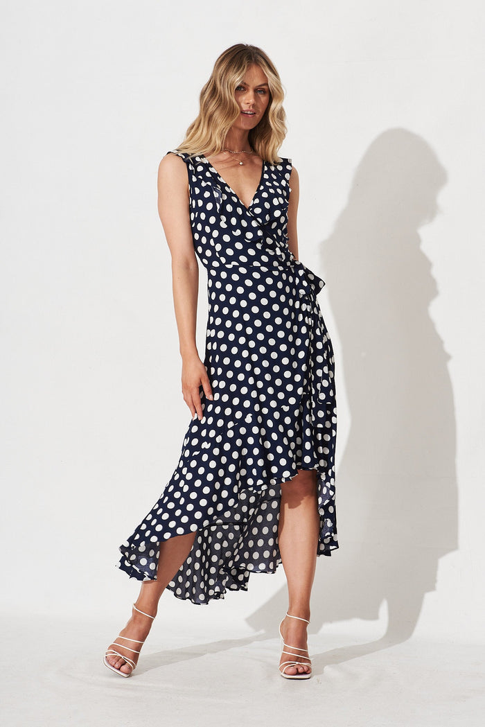 Alivia Midi Dress In Navy With White Polka Dot - Full Length