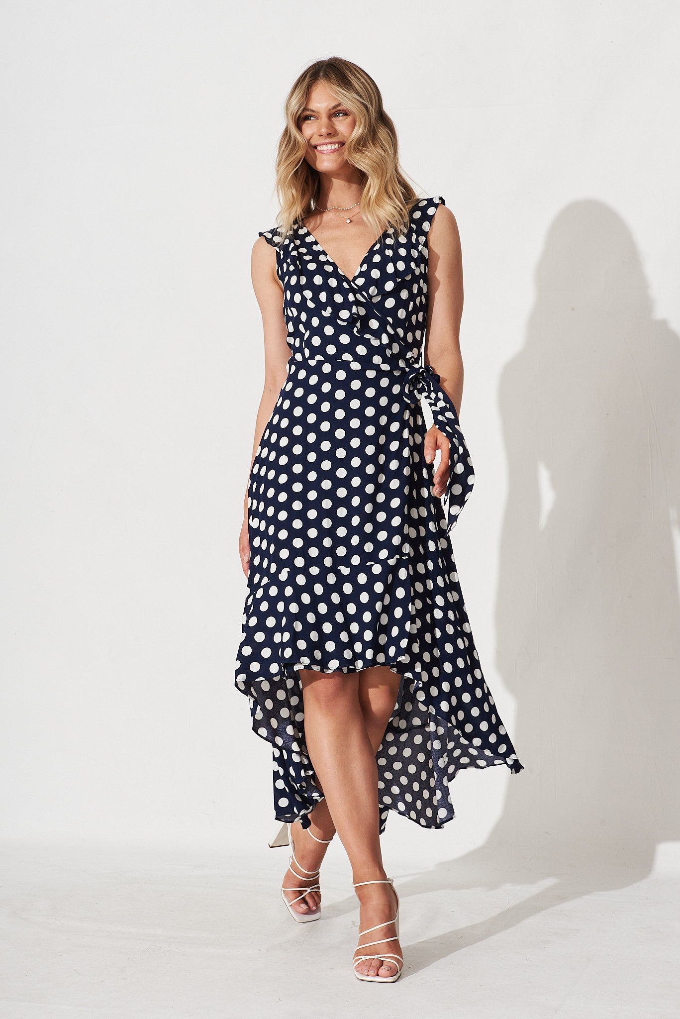 Alivia Midi Dress In Navy With White Polka Dot - full length
