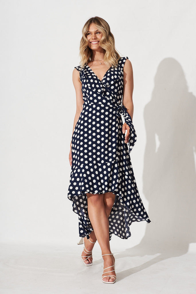 Alivia Midi Dress In Navy With White Polka Dot - full length