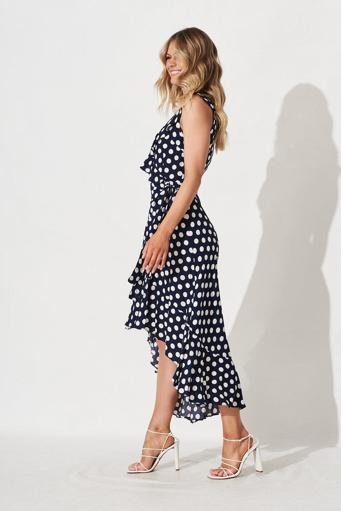 Alivia Midi Dress In Navy With White Polka Dot - side