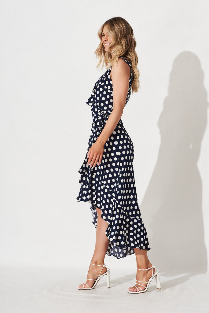 Alivia Midi Dress In Navy With White Polka Dot - side