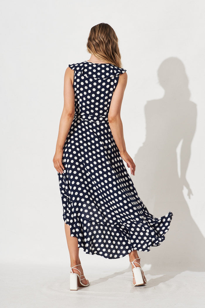 Alivia Midi Dress In Navy With White Polka Dot - back