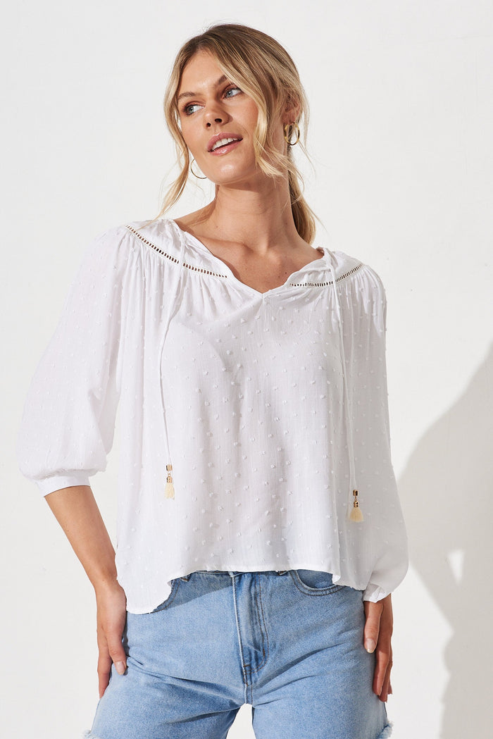Elvire Top in White Swiss Dot - front
