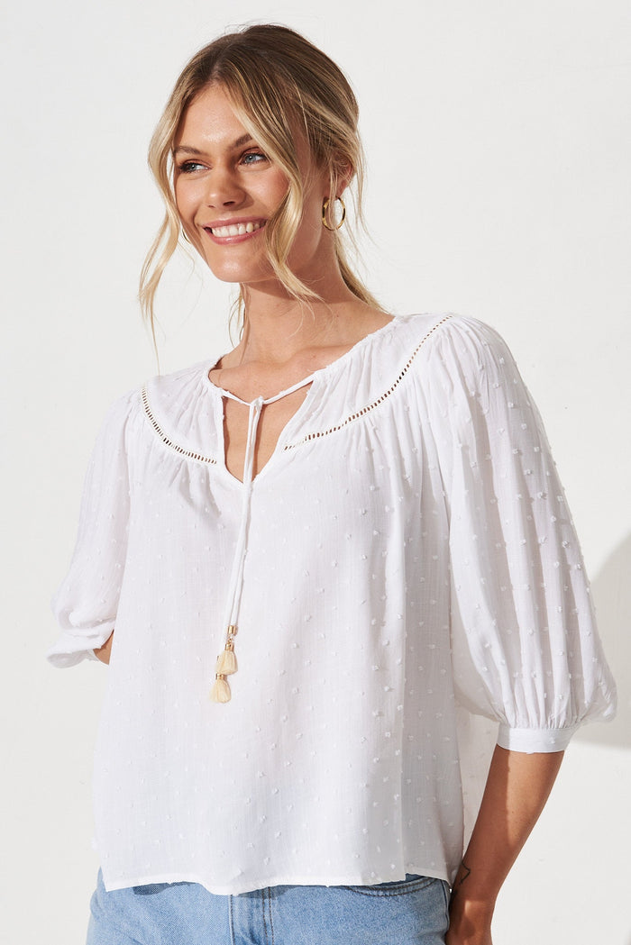 Elvire Top in White Swiss Dot - front