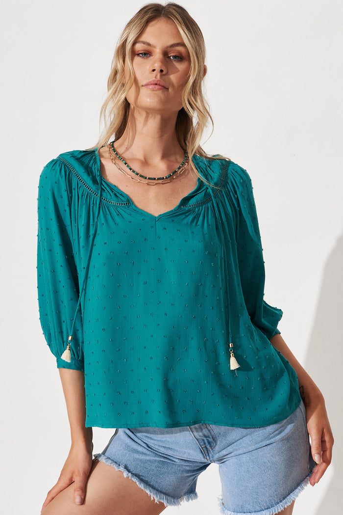 Elvire Top in Teal Swiss Dot - front