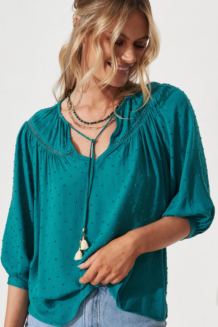 Elvire Top in Teal Swiss Dot - front