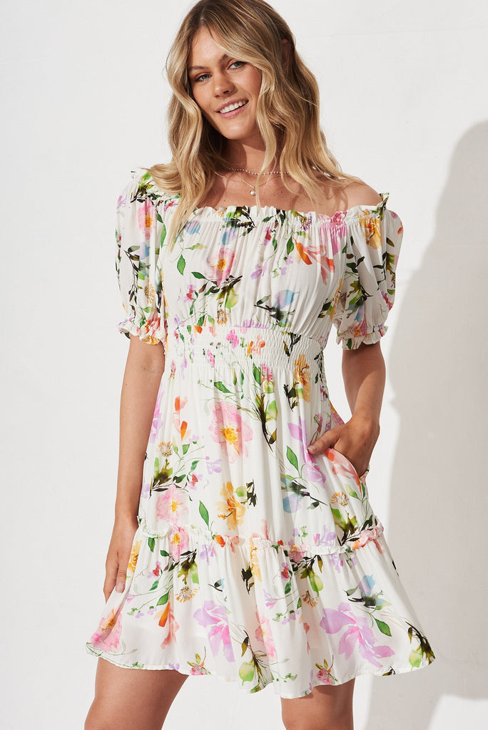 Allira Dress In White With Multi Floral - front