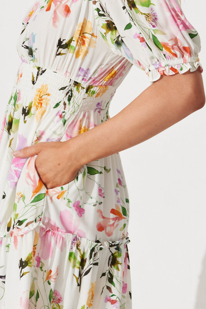 Allira Dress In White With Multi Floral - detail