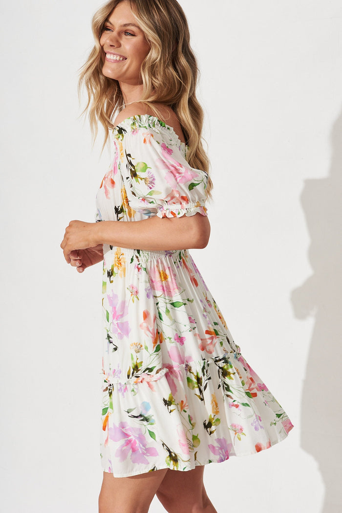 Allira Dress In White With Multi Floral - side