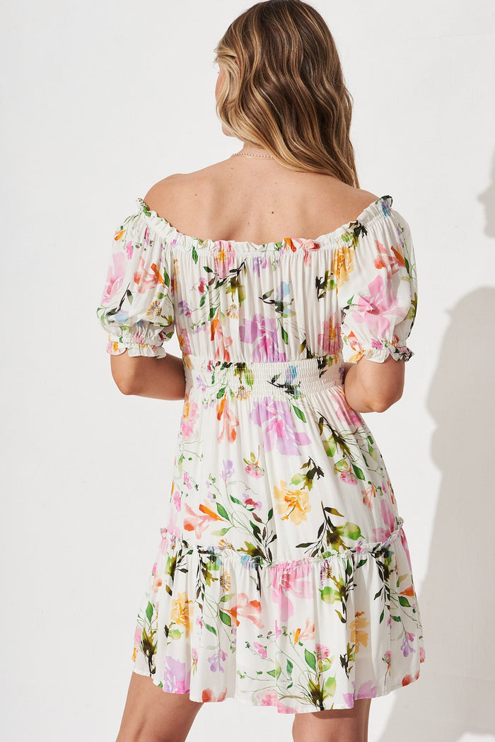 Allira Dress In White With Multi Floral - back