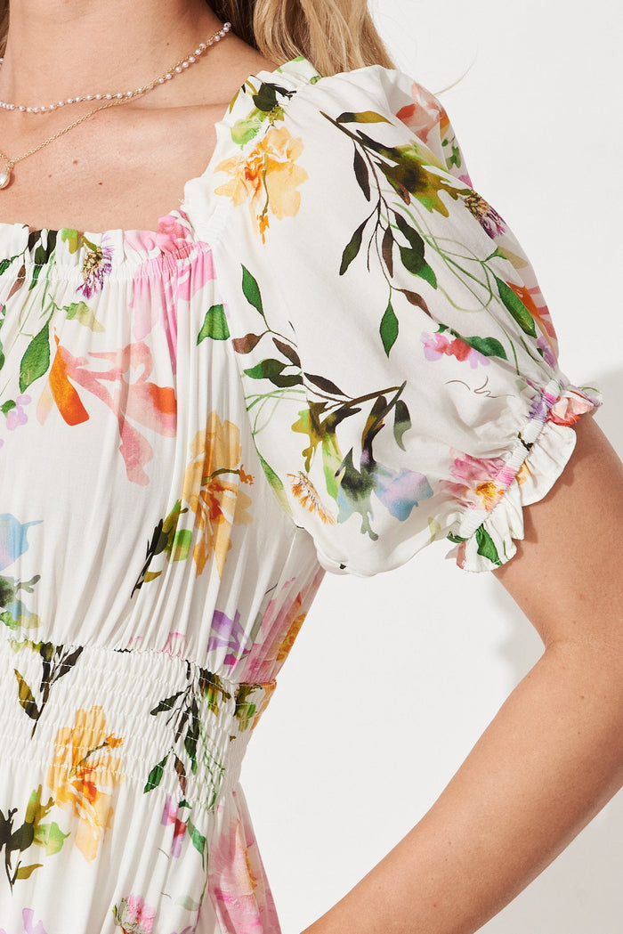 Allira Dress In White With Multi Floral - detail