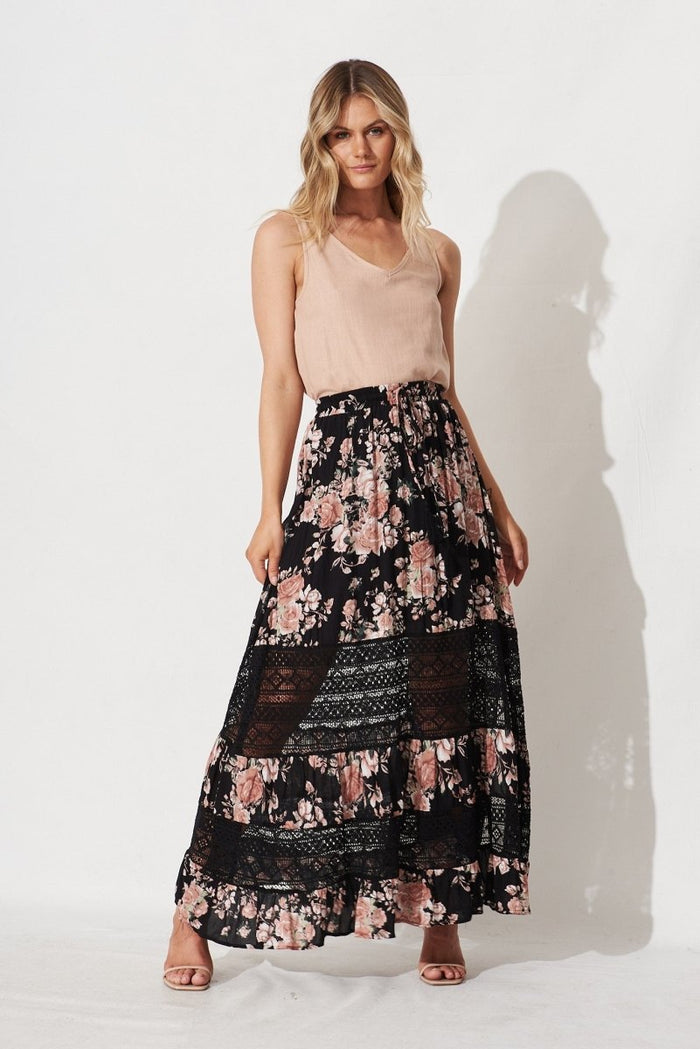 Bowie Maxi Skirt In Black And Pink Floral - St Frock (Dev)