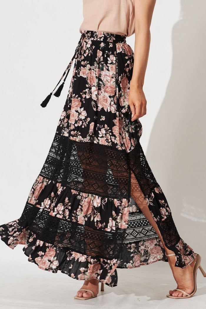 Bowie Maxi Skirt In Black And Pink Floral - St Frock (Dev)