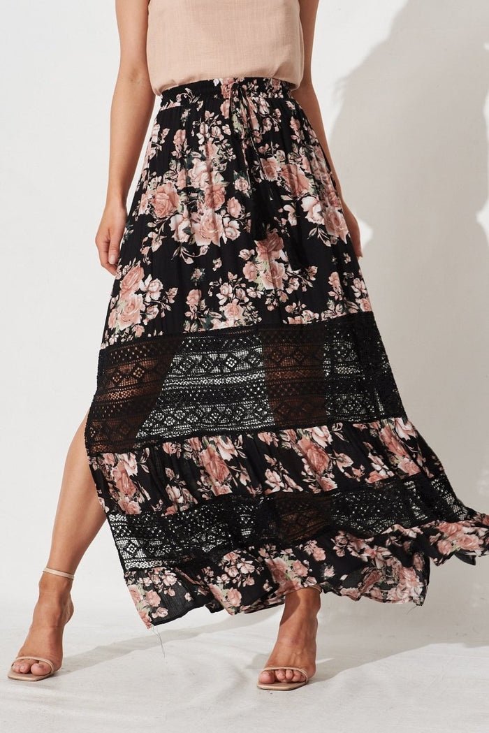 Bowie Maxi Skirt In Black And Pink Floral - St Frock (Dev)