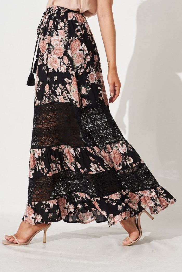 Bowie Maxi Skirt In Black And Pink Floral - St Frock (Dev)