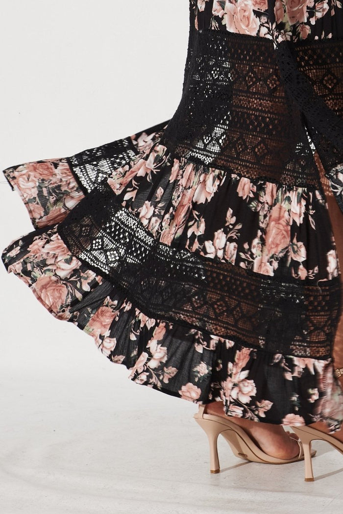 Bowie Maxi Skirt In Black And Pink Floral - St Frock (Dev)