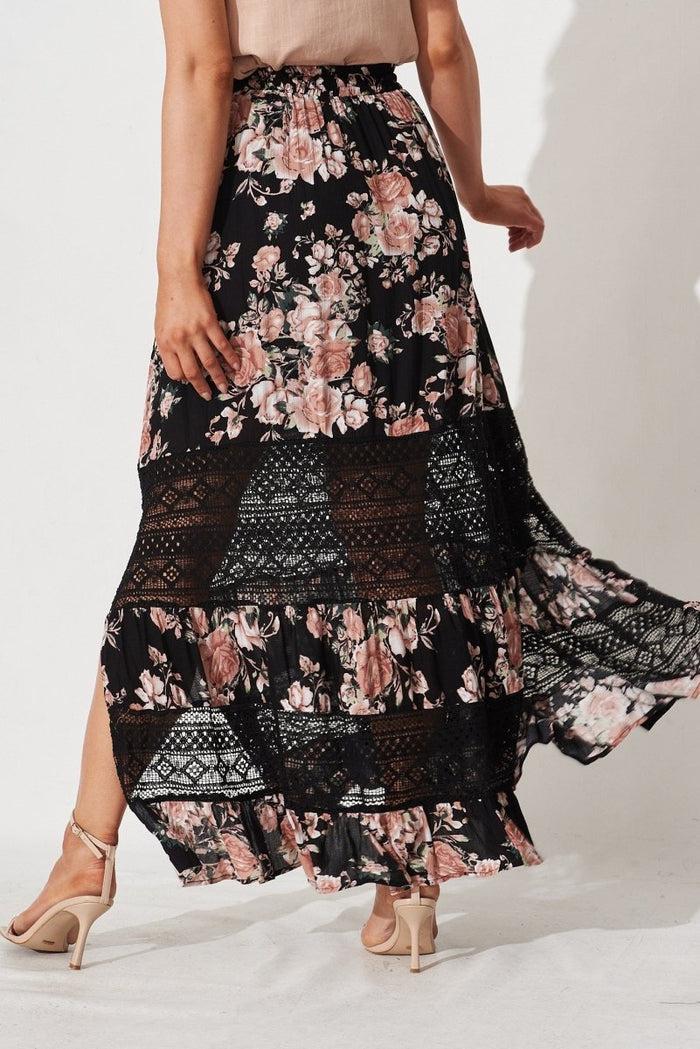 Bowie Maxi Skirt In Black And Pink Floral - St Frock (Dev)