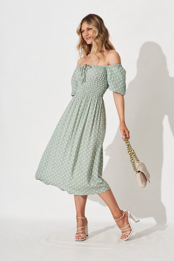 Jastine Midi Dress in Mint with White Spot Linen Blend - full length