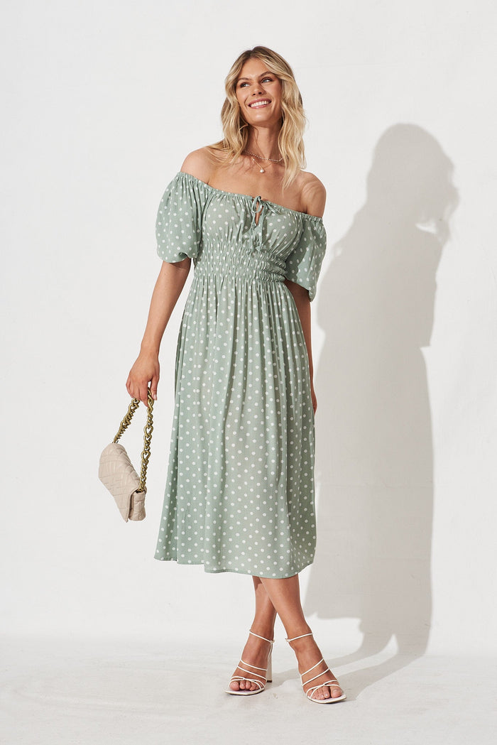 Jastine Midi Dress in Mint with White Spot Linen Blend - full length