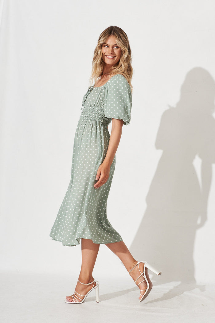 Jastine Midi Dress in Mint with White Spot Linen Blend - side
