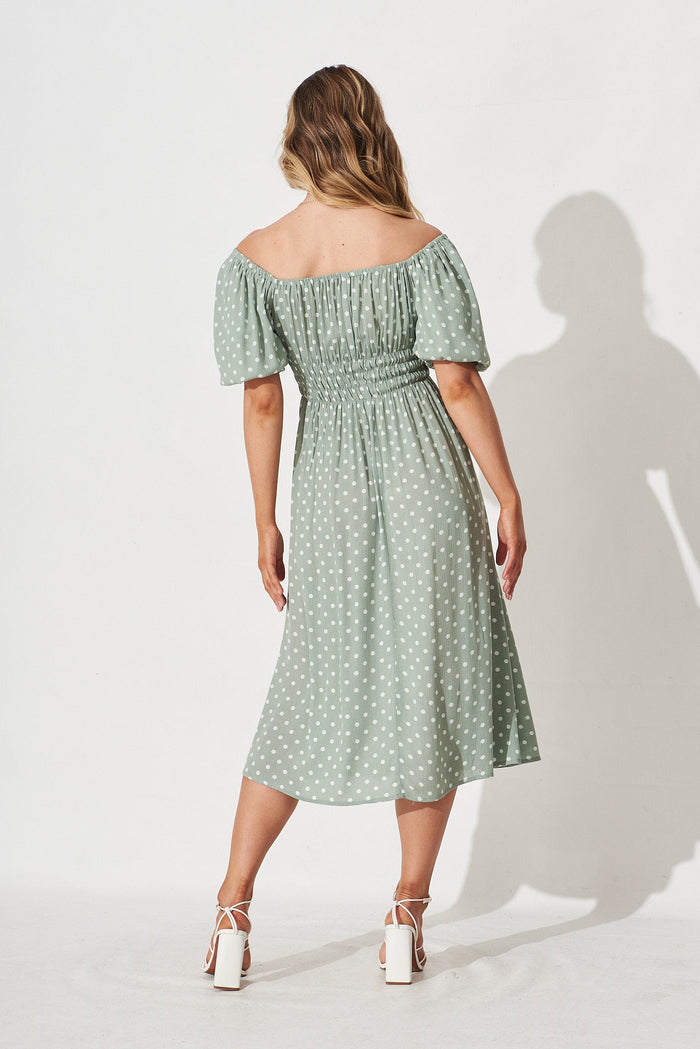 Jastine Midi Dress in Mint with White Spot Linen Blend - back