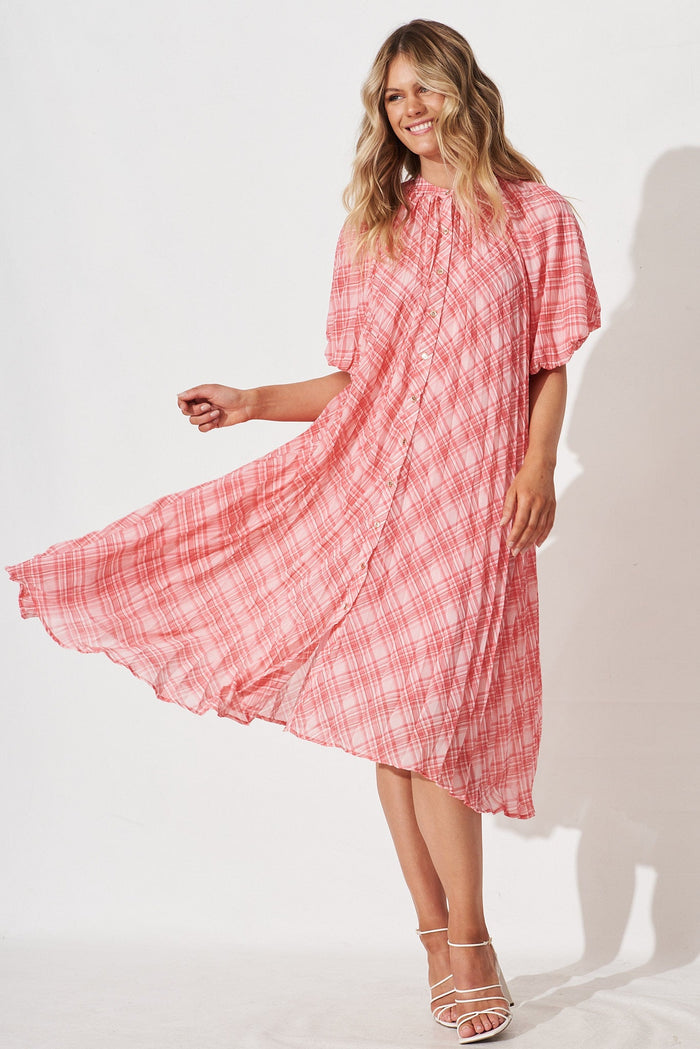 Keshi Midi Shirt Dress In Pink Check - full length