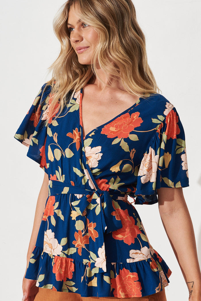 Inessa Top In Navy And Pink Floral - front