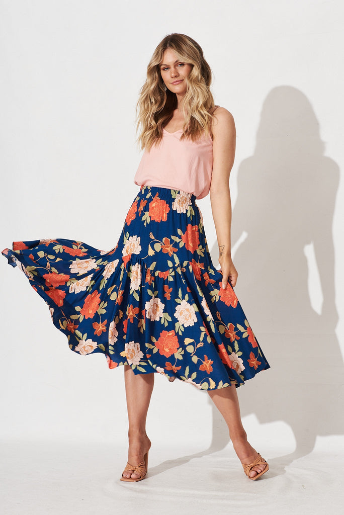 Tearose Midi Skirt in Navy and Pink Floral - full length